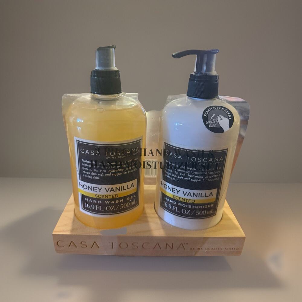 Casa Toscana Honey Vanilla Scented Hand Wash Gel Lotion 2pc SetWood Caddy 16.9oz